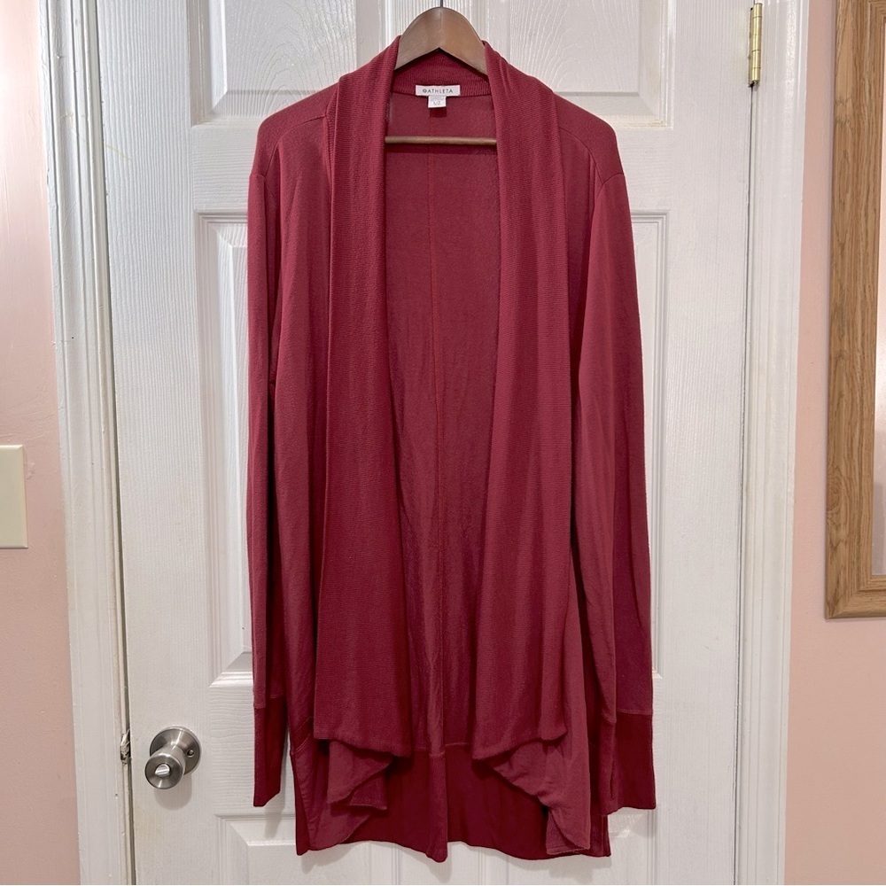Athleta Cardigan Shawl Collar Thumb Holes Pockets Maroon Burgundy Sz Large Tall